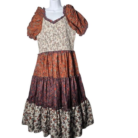 Ivy City Co Prairie Milkmaid Boho Tiered Midi Dress Fall Floral Size Large Emily - Picture 1 of 12